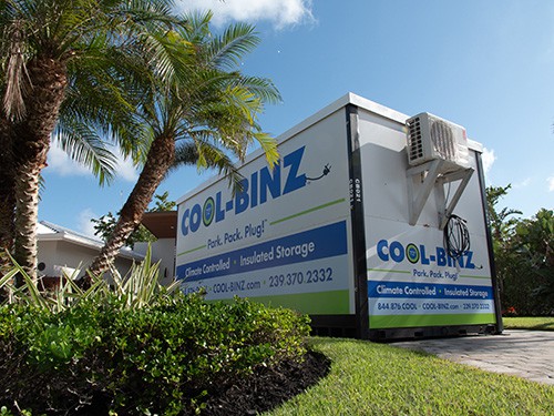 angled shot of cool binz climate controlled bin sitting in a residential driveway
