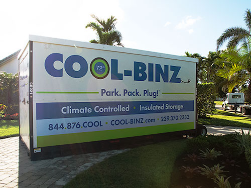 sunny photo of cool binz storage container sitting on residential driveway that loops next to plants