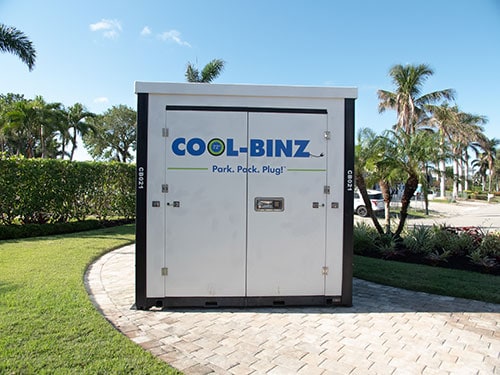 front facing shot of cool binz non-climate controlled container doors placed on residential driveway