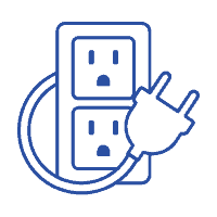 icon graphics of two electrical sockets and an electrical plug extending from the sockets
