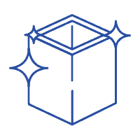 blue graphic logo of rectangular box with sparkles attached