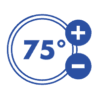 blue circle describing 75 degree temperature with plus or minus symbols
