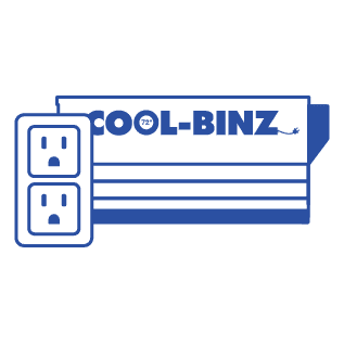 blue graphic of cool binz logo with two electrical sockets attached to the logo