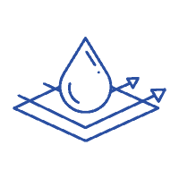 blue graphic icon of water droplet landing on a square with arrows pointing indicating runoff