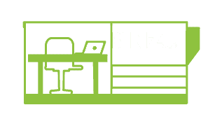 cool binz climate control logo transparent with white font and mock office space