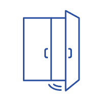 blue graphic image of two doors with right side door swinging open
