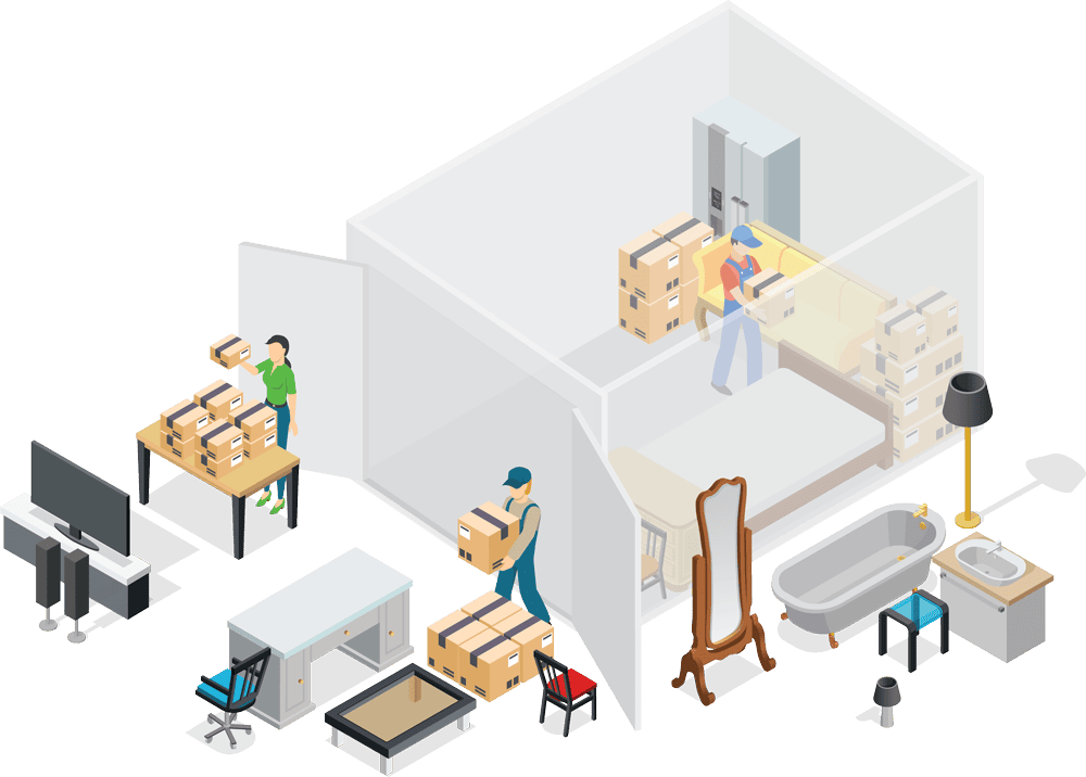 Graphic of storage bin with workers moving boxes